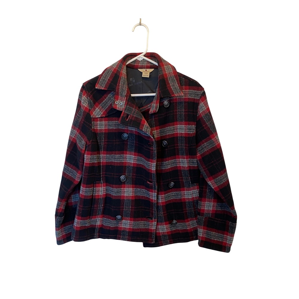 Woolrich Women Plaid Double Breasted‎ Wool Blend Peacoat Jacket Red Black Small